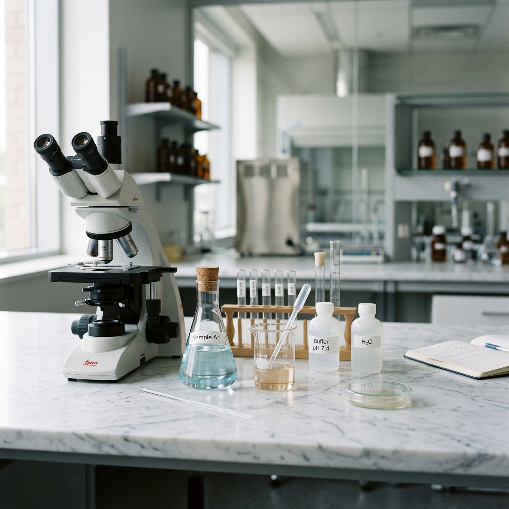 Professional laboratory setting with glassware and microscope
